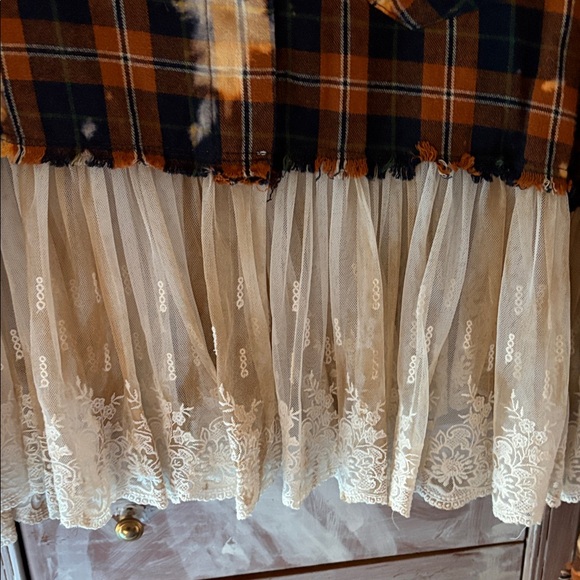 Plaid Button Down Shirt with Lace Hem - Picture 3 of 4